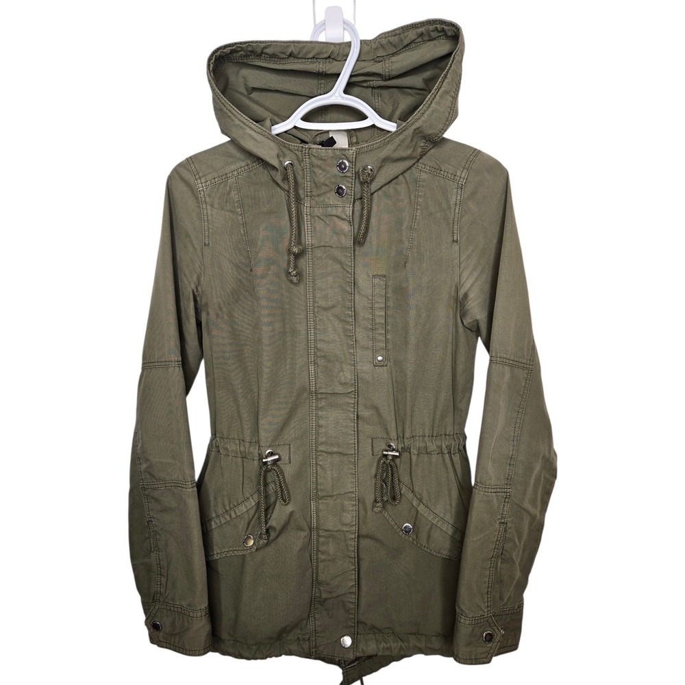 H&M DIVIDED Khaki‎ Green Hooded Utility Anorak Jacket Women Size 4 - Picture 2 of 12